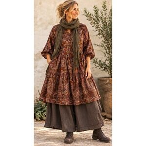 Brown Paisley Tiered Mock Neck A-Line Dress 1X 100% Cotton Lagenlook Cottagecore